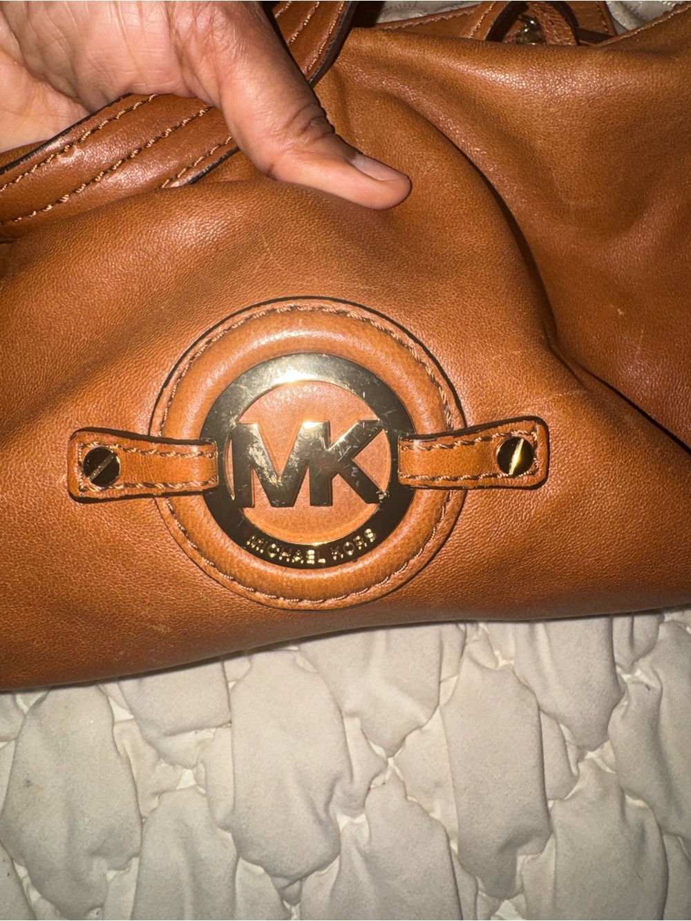 Michael Kors Tan Leather Shoulder Bag with Gold MK Emblem